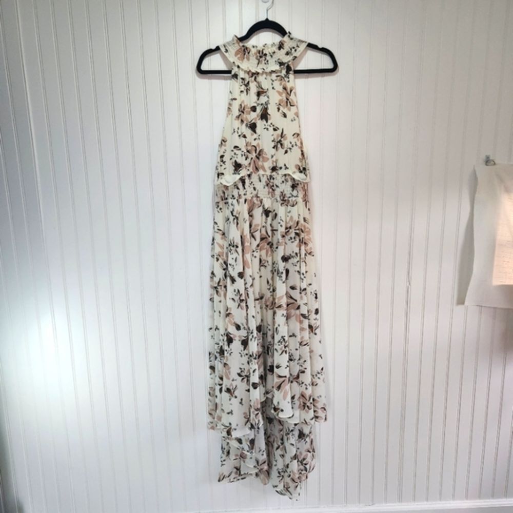 NEW FATE Cream Floral Print Neutral High Neck Hi Lo Hem Maxi Dress Medium